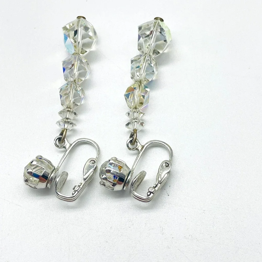 Vintage Dangle Earrings AB Aurora Borealis Clip On Silver Tone Faceted Beads
